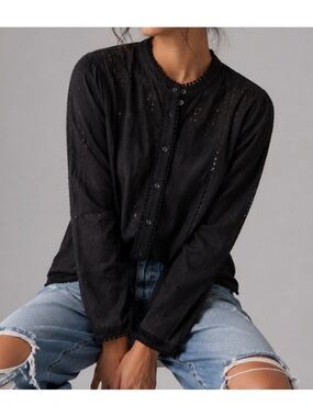 INDUSTRY Women's Chic Black Lace-Detail Button-Down Structure Casual Blouse